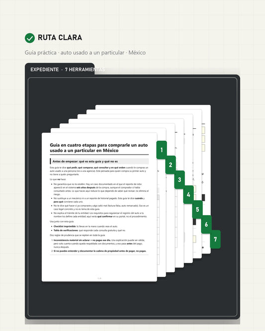 Expediente Ruta Clara: 7 archivos PDF con pestañas numeradas para revisar un auto usado antes de pagar