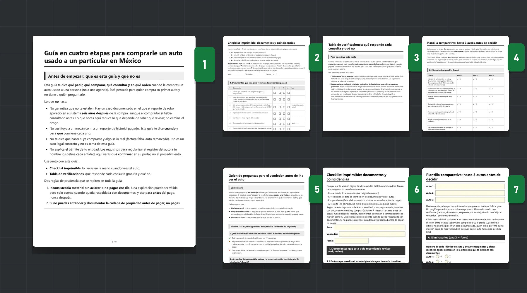 Primera página real de los 7 archivos PDF, numerados del 1 al 7: guía, checklist, tabla REPUVE y OCRA, plantilla comparativa, guion de preguntas, checklist rellenable y comparador rellenable