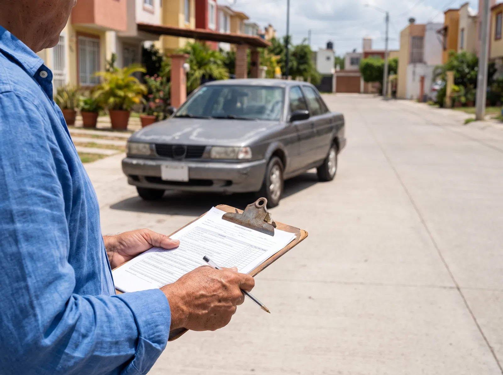 Persona con una checklist impresa frente a un auto usado estacionado en una calle residencial